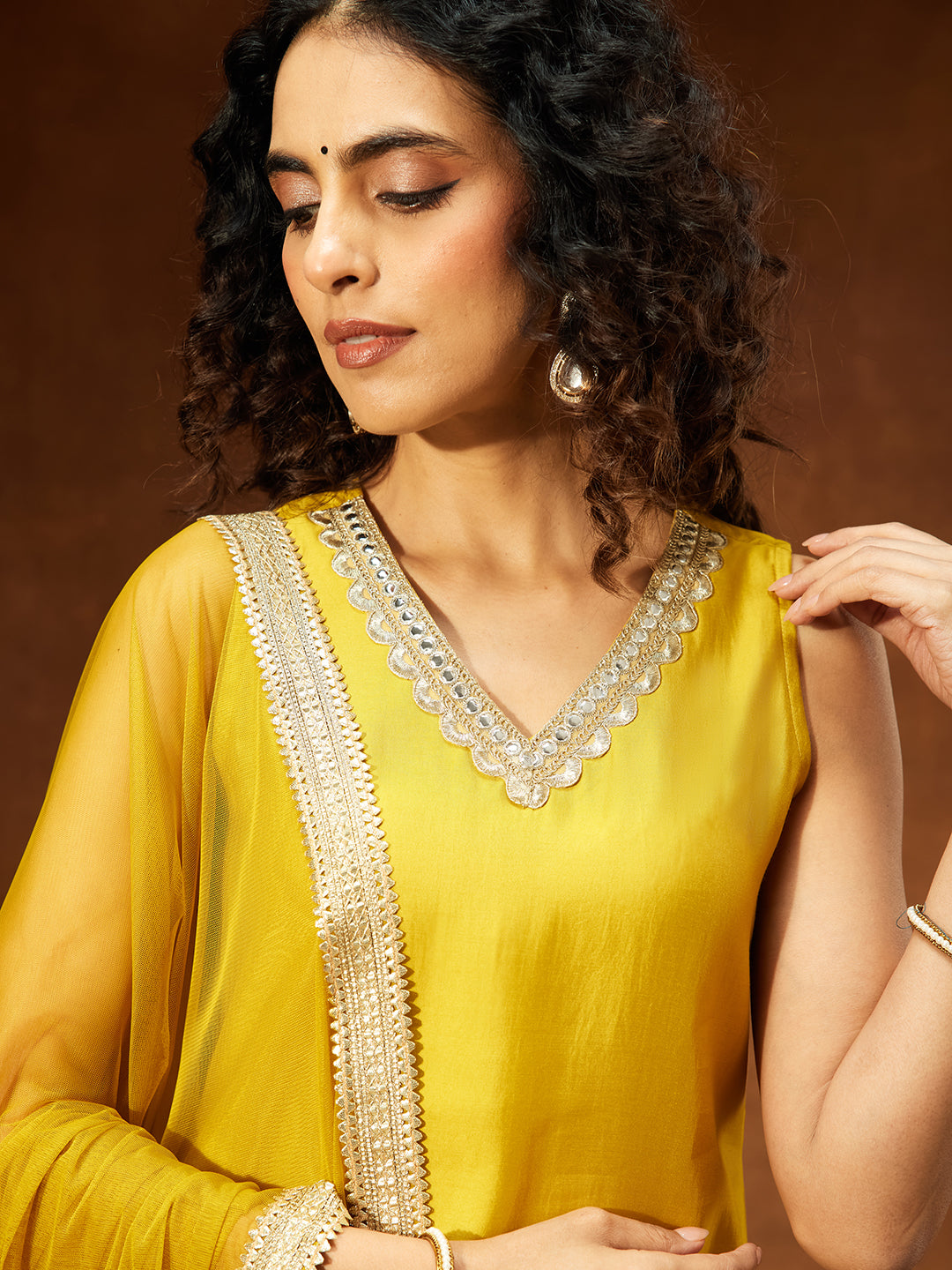 Women's Yellow Chanderi Silk Embellished Straight Kurta With Sharara & Dupatta Set