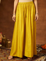 Women's Yellow Chanderi Silk Embellished Straight Kurta With Sharara & Dupatta Set