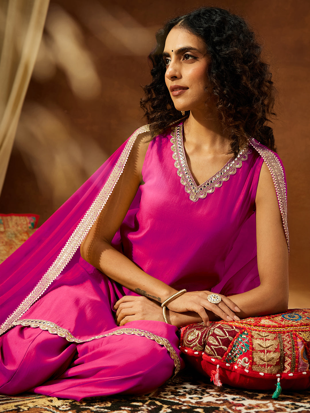 Women's Pink Chanderi Silk Embellished Straight Kurta With Sharara & Dupatta Set