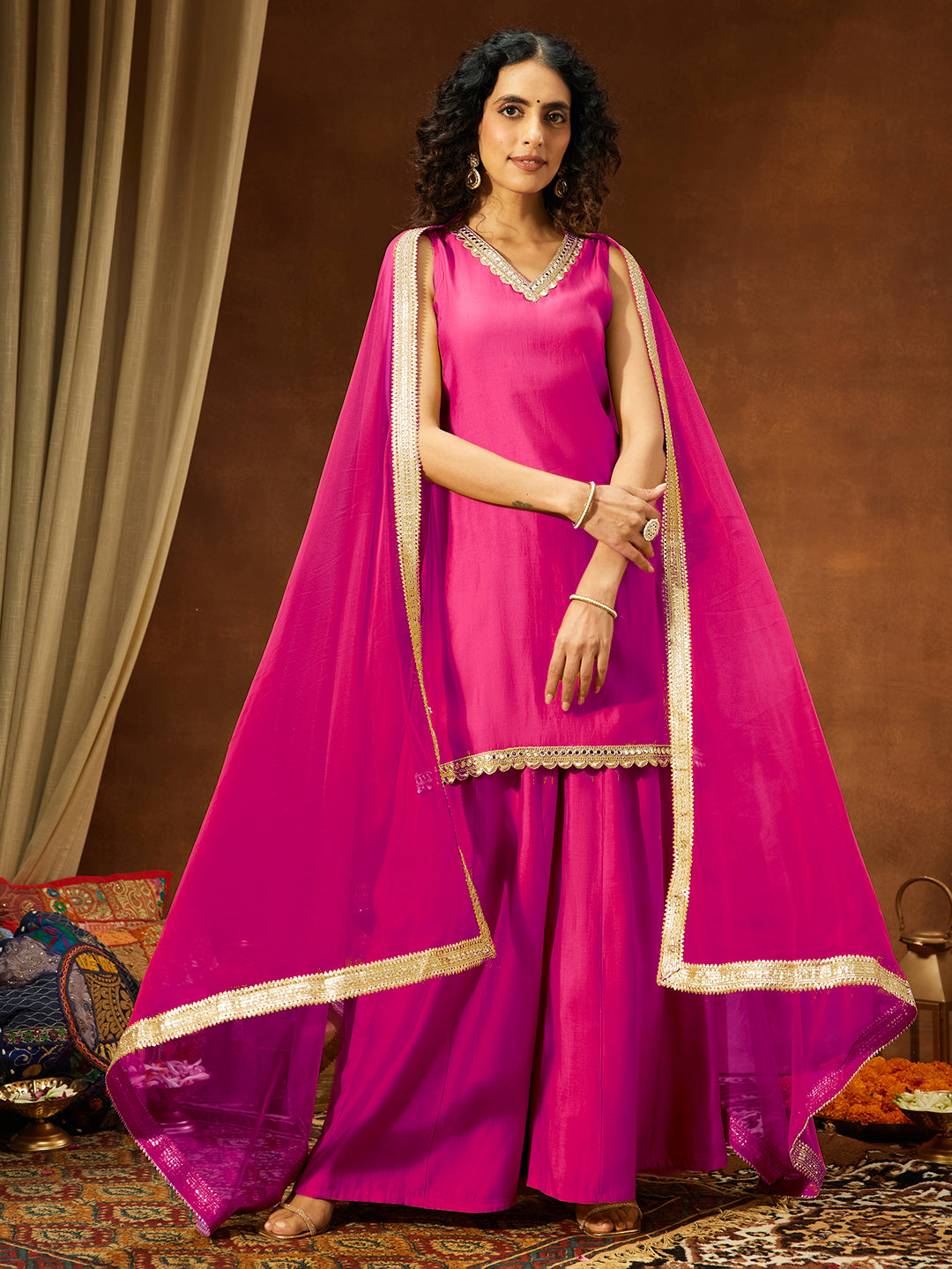 Women's Pink Chanderi Silk Embellished Straight Kurta With Sharara & Dupatta Set