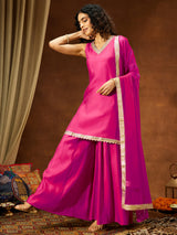 Women's Pink Chanderi Silk Embellished Straight Kurta With Sharara & Dupatta Set