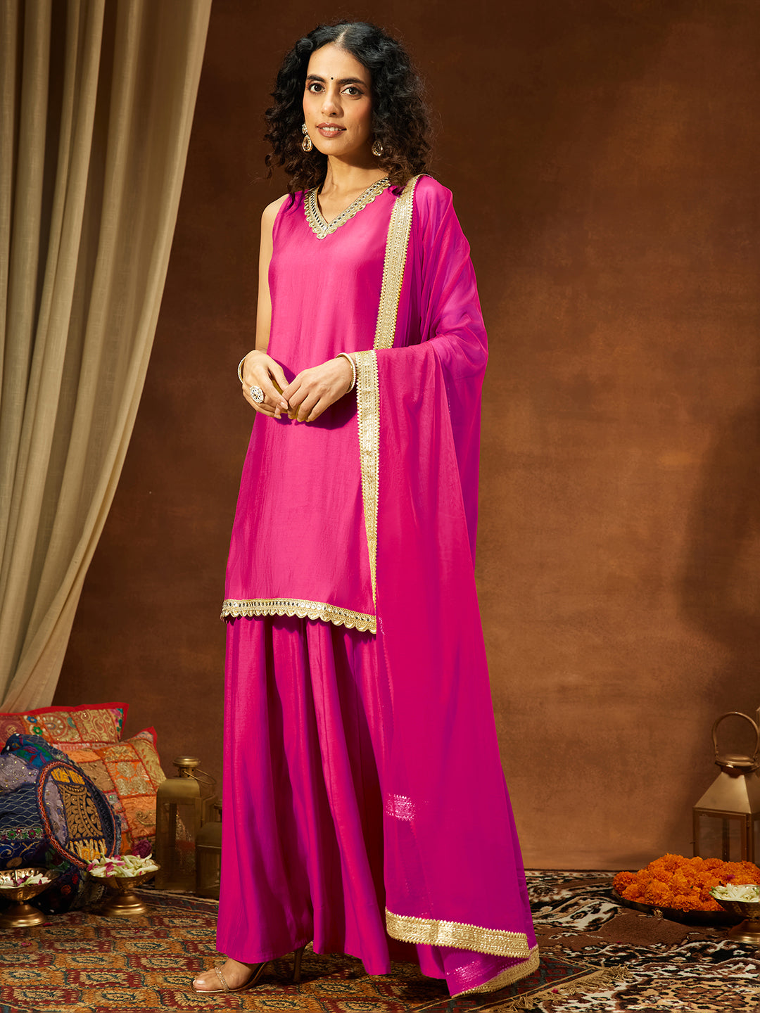 Women's Pink Chanderi Silk Embellished Straight Kurta With Sharara & Dupatta Set