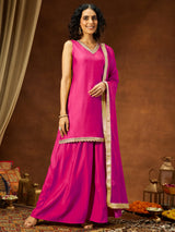 Women's Pink Chanderi Silk Embellished Straight Kurta With Sharara & Dupatta Set