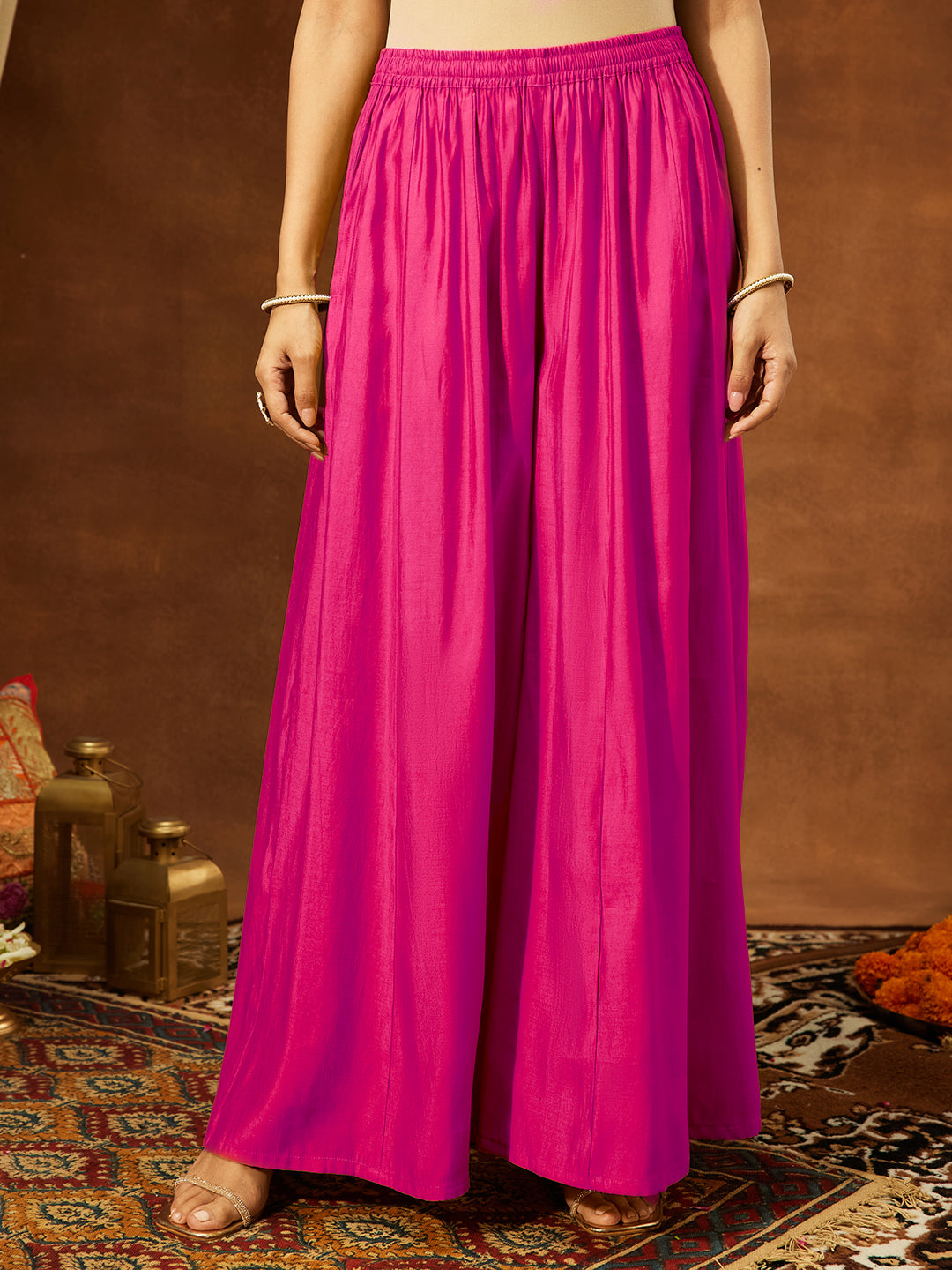 Women's Pink Chanderi Silk Embellished Straight Kurta With Sharara & Dupatta Set