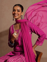 Women's Pink Rayon Gold Foil Printed Kurti With Sharara & Dupatta Set