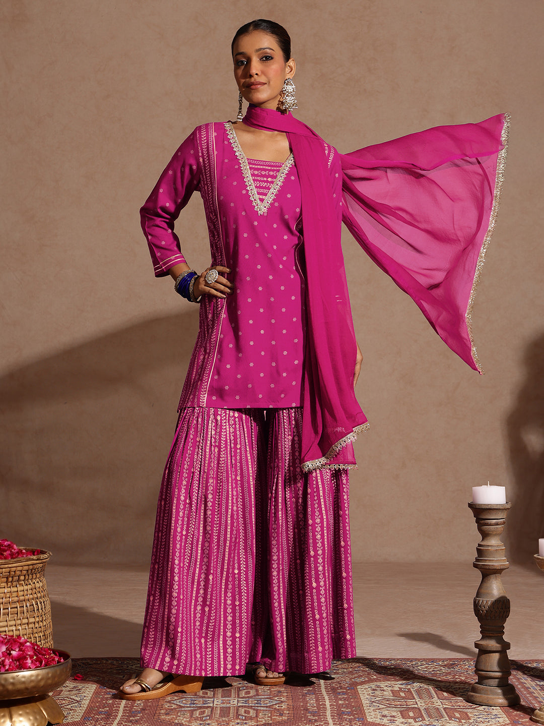 Women's Pink Rayon Gold Foil Printed Kurti With Sharara & Dupatta Set