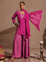 Women's Pink Rayon Gold Foil Printed Kurti With Sharara & Dupatta Set
