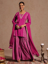 Women's Pink Rayon Gold Foil Printed Kurti With Sharara & Dupatta Set