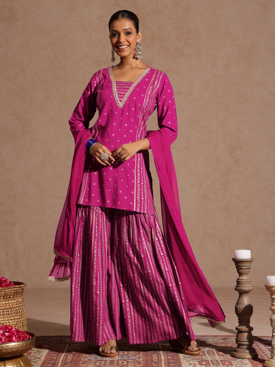 Women's Pink Rayon Gold Foil Printed Kurti With Sharara & Dupatta Set