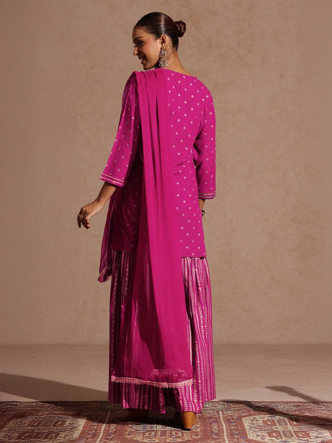 Women's Pink Rayon Gold Foil Printed Kurti With Sharara & Dupatta Set