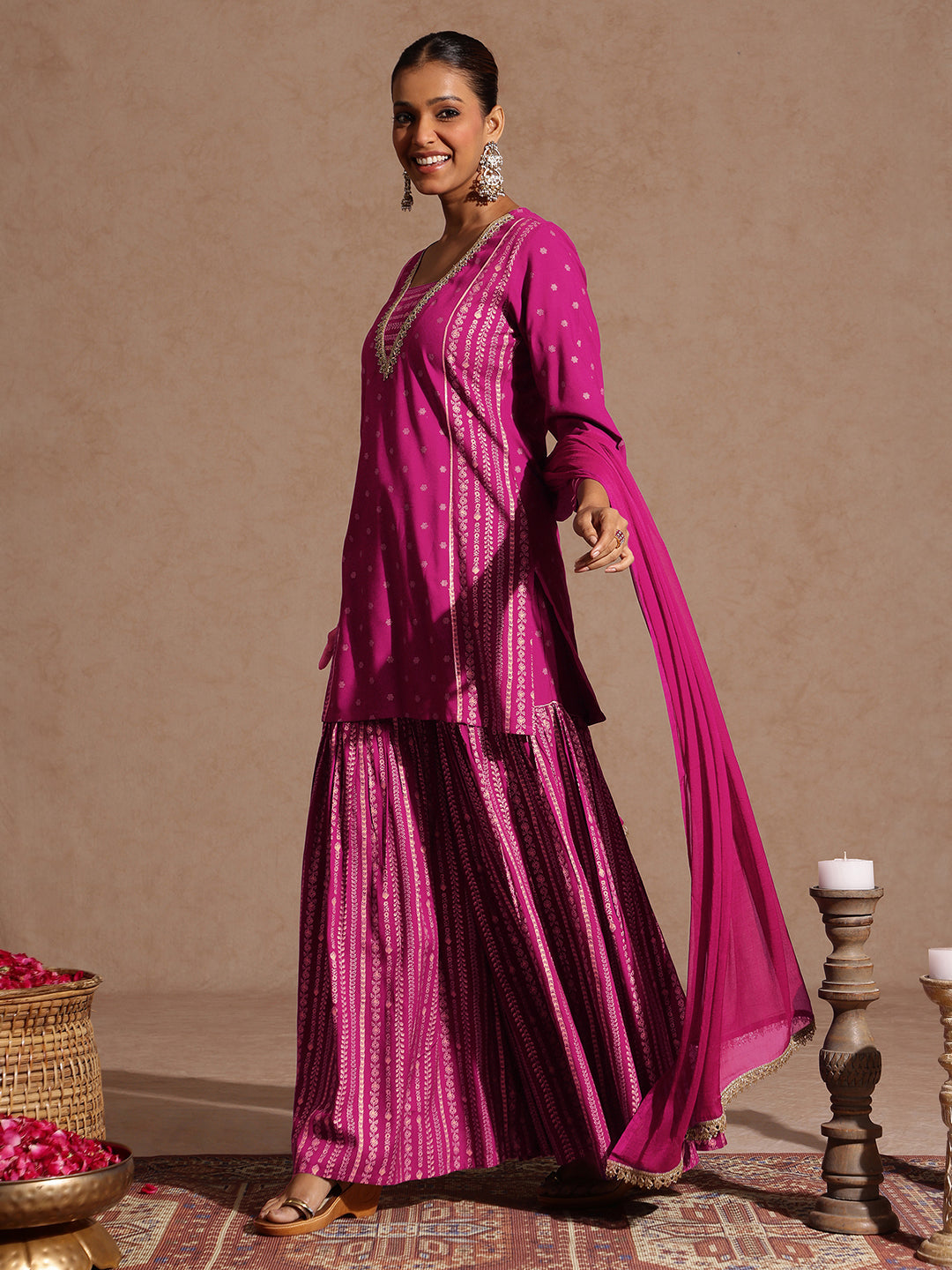 Women's Pink Rayon Gold Foil Printed Kurti With Sharara & Dupatta Set