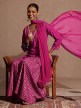 Women's Pink Rayon Gold Foil Printed Kurti With Sharara & Dupatta Set