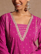 Women's Pink Rayon Gold Foil Printed Kurti With Sharara & Dupatta Set