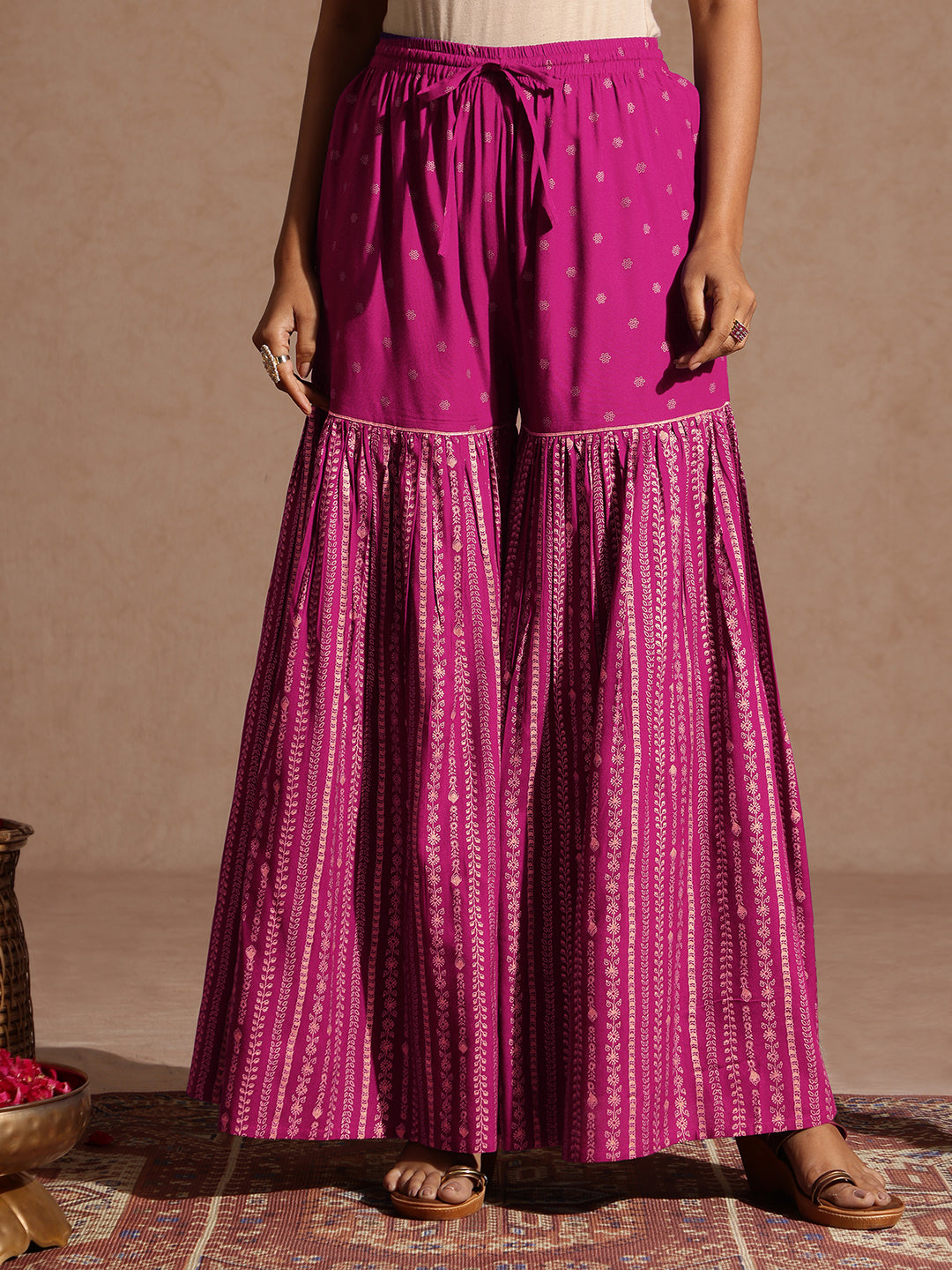 Women's Pink Rayon Gold Foil Printed Kurti With Sharara & Dupatta Set