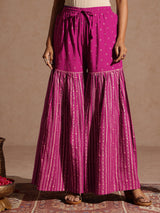 Women's Pink Rayon Gold Foil Printed Kurti With Sharara & Dupatta Set