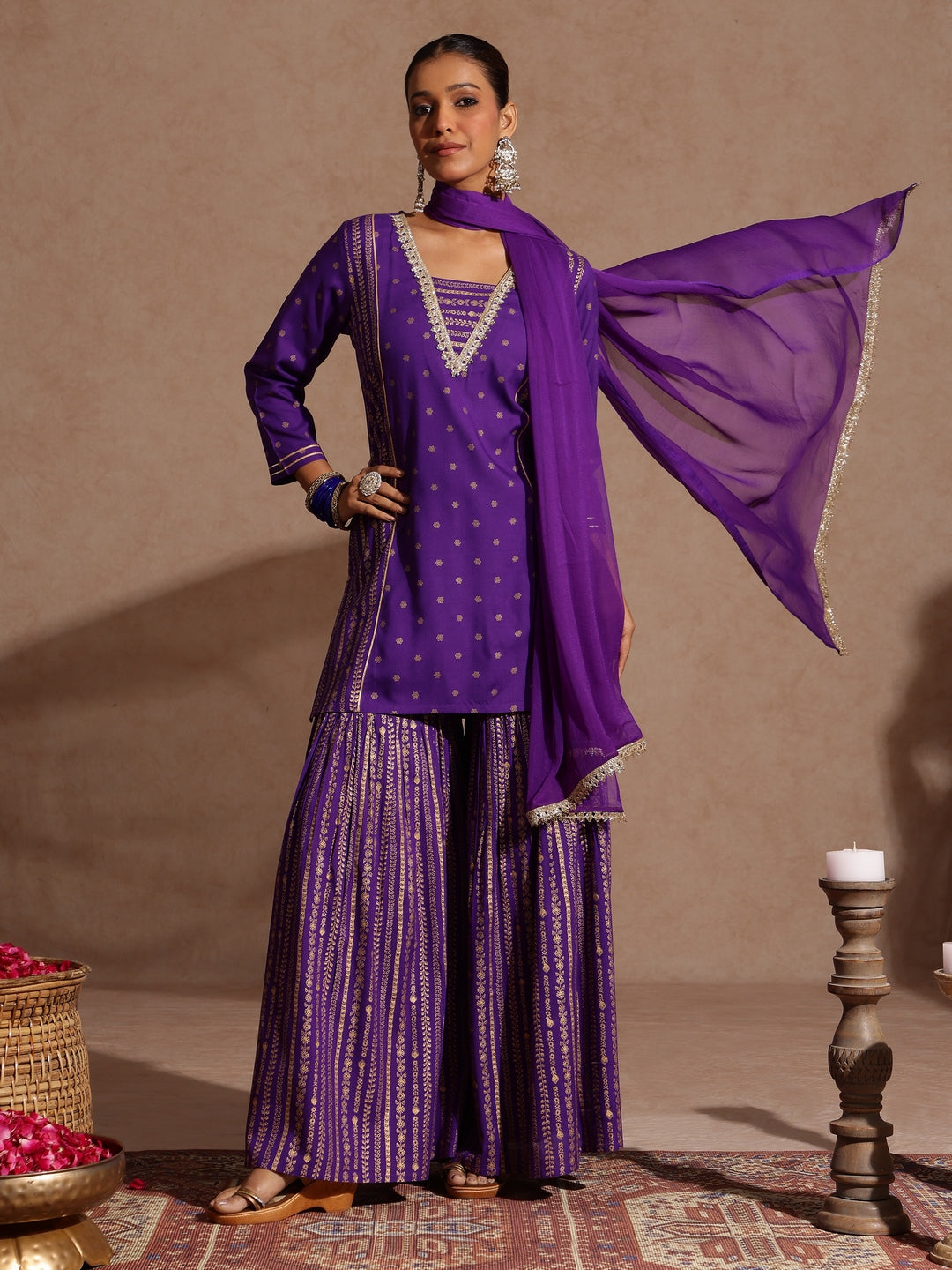 Women's Purple Rayon Gold Printed Short Kurti With Sharara & Dupatta Set