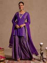 Women's Purple Rayon Gold Printed Short Kurti With Sharara & Dupatta Set