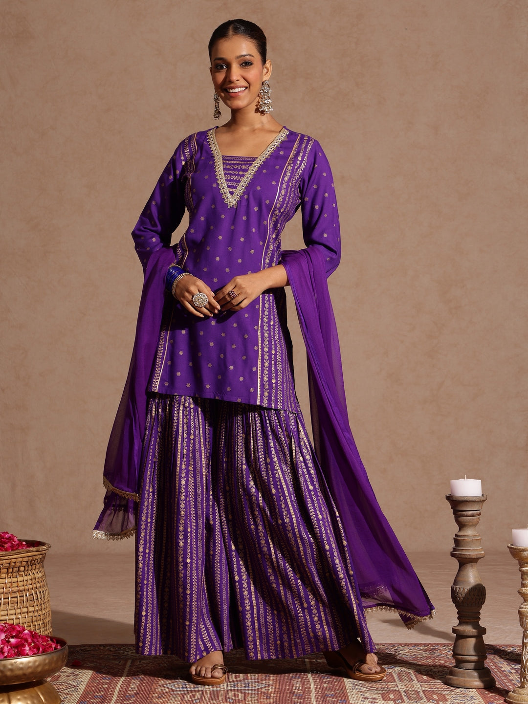 Women's Purple Rayon Gold Printed Short Kurti With Sharara & Dupatta Set