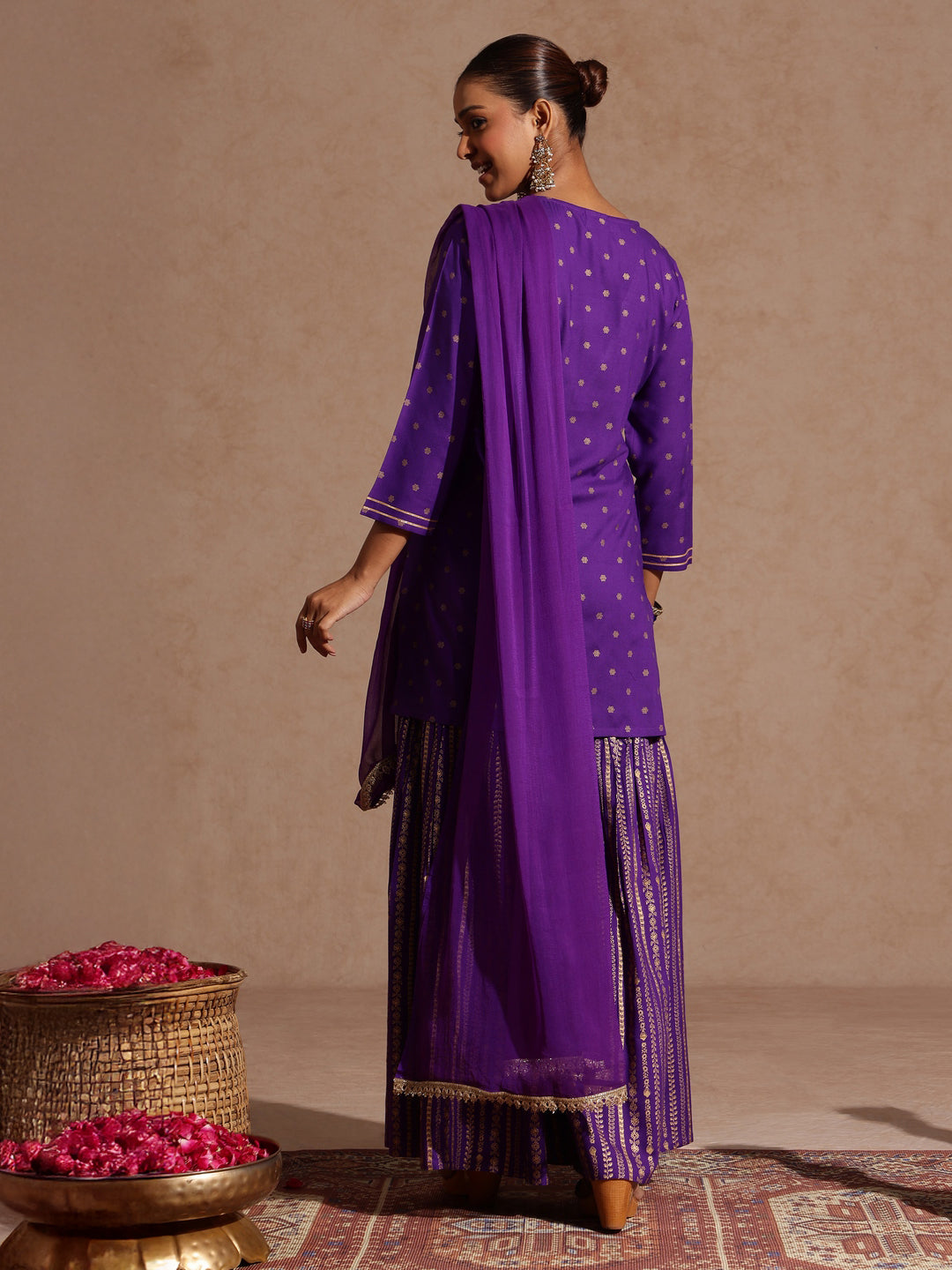 Women's Purple Rayon Gold Printed Short Kurti With Sharara & Dupatta Set