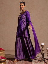 Women's Purple Rayon Gold Printed Short Kurti With Sharara & Dupatta Set