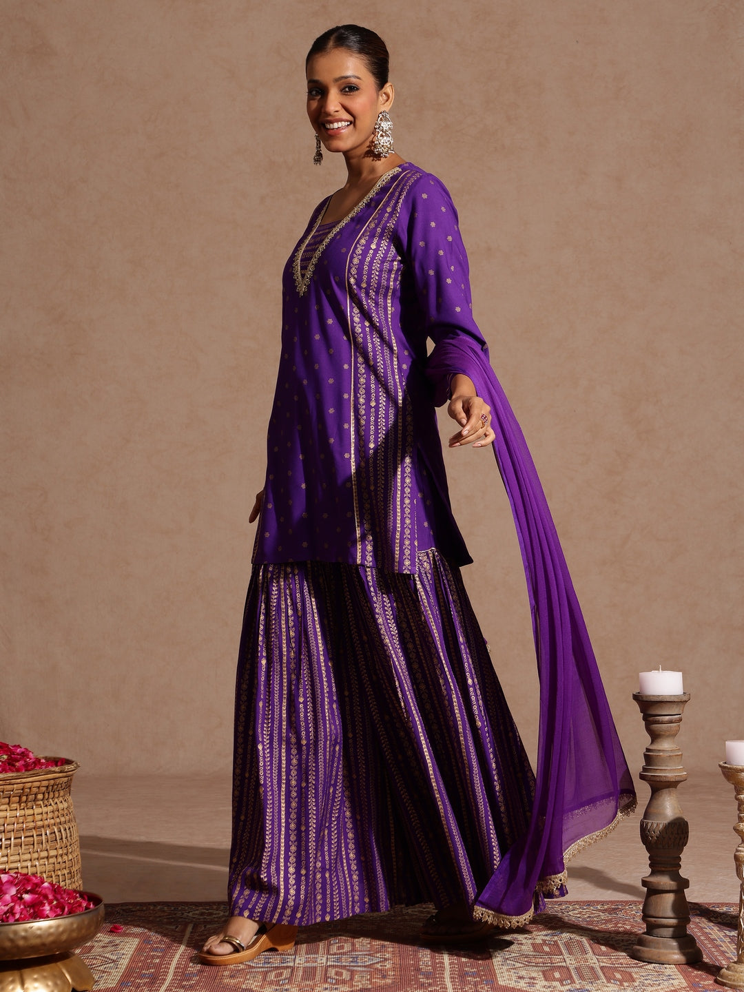 Women's Purple Rayon Gold Printed Short Kurti With Sharara & Dupatta Set