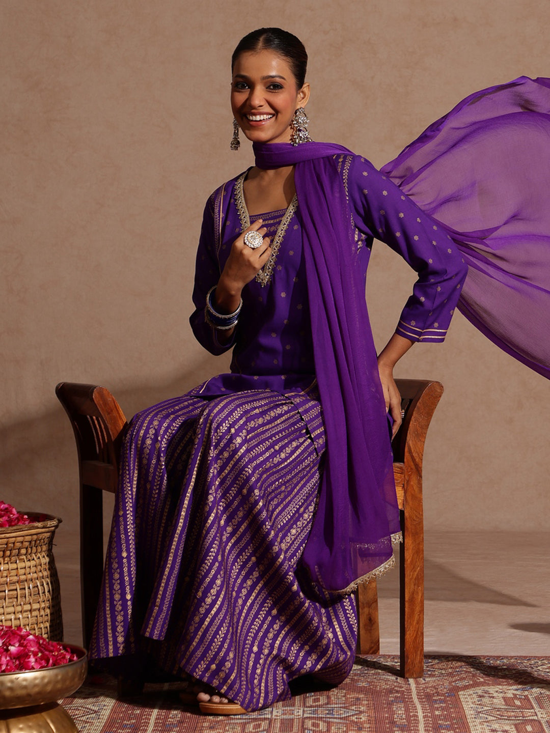 Women's Purple Rayon Gold Printed Short Kurti With Sharara & Dupatta Set