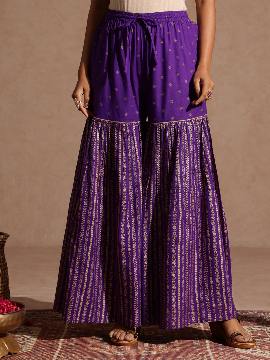 Women's Purple Rayon Gold Printed Short Kurti With Sharara & Dupatta Set