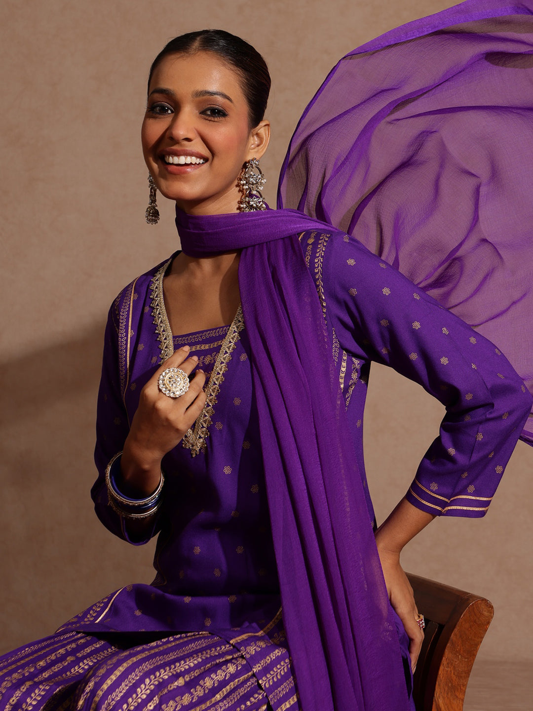 Women's Purple Rayon Gold Printed Short Kurti With Sharara & Dupatta Set