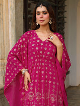 Women's Pink Georgette Foil Printed Kaftan Kurta With Palazzo Set
