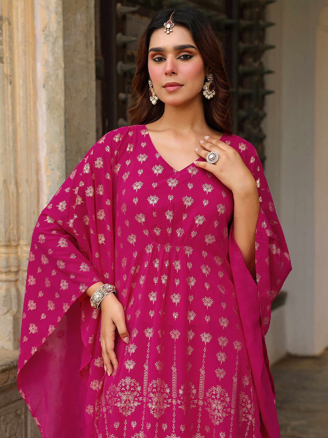 Women's Pink Georgette Foil Printed Kaftan Kurta With Palazzo Set