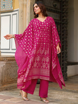 Women's Pink Georgette Foil Printed Kaftan Kurta With Palazzo Set