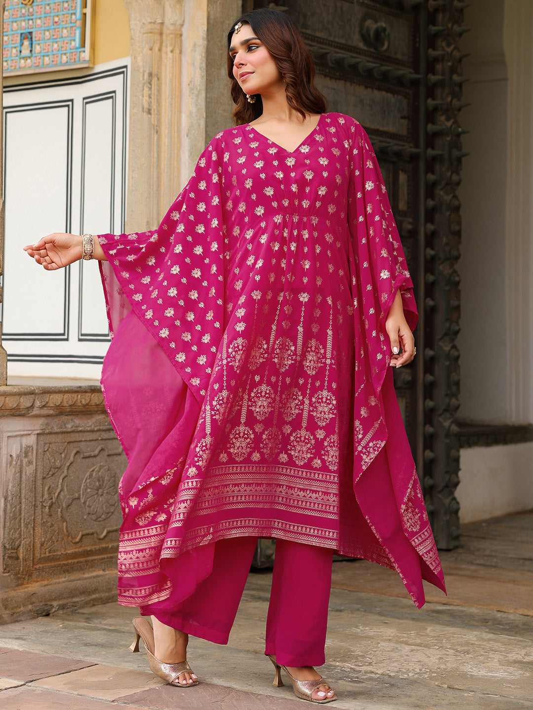 Women's Pink Georgette Foil Printed Kaftan Kurta With Palazzo Set