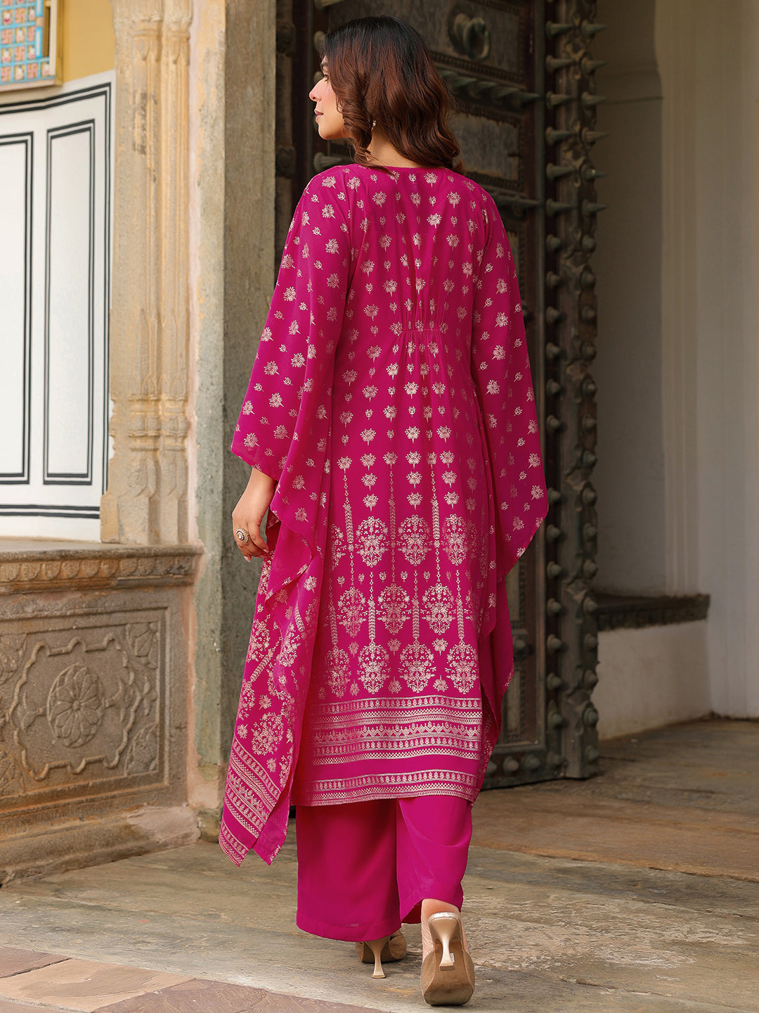 Women's Pink Georgette Foil Printed Kaftan Kurta With Palazzo Set