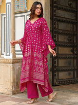 Women's Pink Georgette Foil Printed Kaftan Kurta With Palazzo Set
