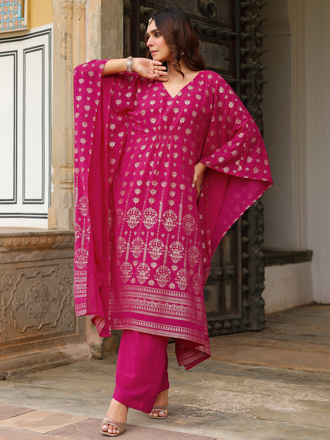 Women's Pink Georgette Foil Printed Kaftan Kurta With Palazzo Set