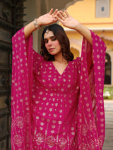 Women's Pink Georgette Foil Printed Kaftan Kurta With Palazzo Set