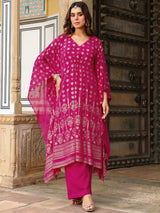 Women's Pink Georgette Foil Printed Kaftan Kurta With Palazzo Set