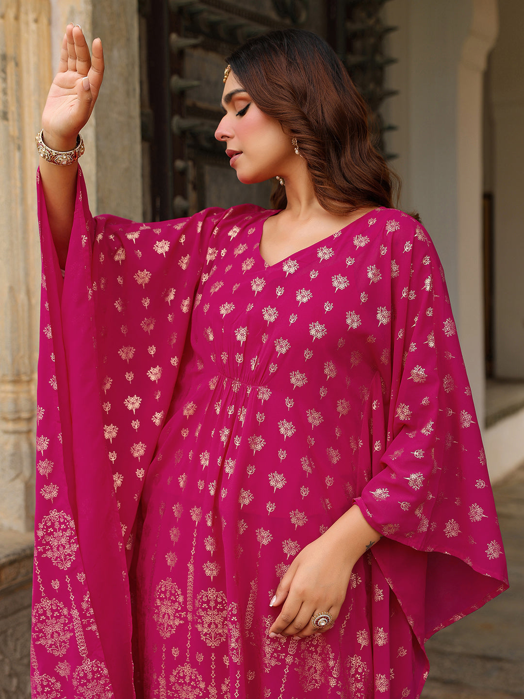 Women's Pink Georgette Foil Printed Kaftan Kurta With Palazzo Set