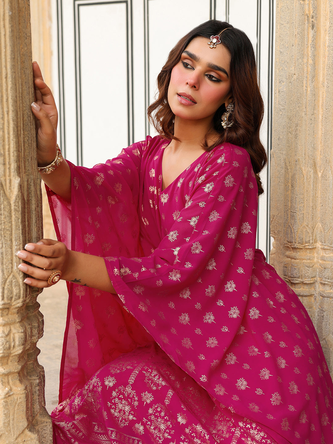 Women's Pink Georgette Foil Printed Kaftan Kurta With Palazzo Set