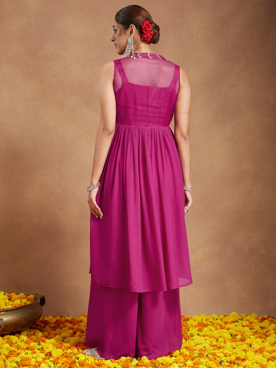 Women's Pink Georgette Sequined Front Slit Kurta With Crop Top Palazzo Set