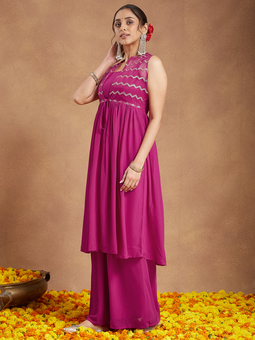 Women's Pink Georgette Sequined Front Slit Kurta With Crop Top Palazzo Set