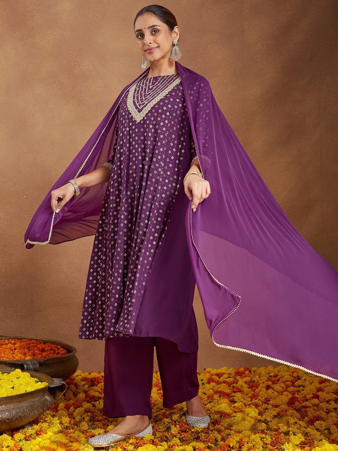 Women's Purple Rayon Embellished Gold Printed Anarkali Kurta Set