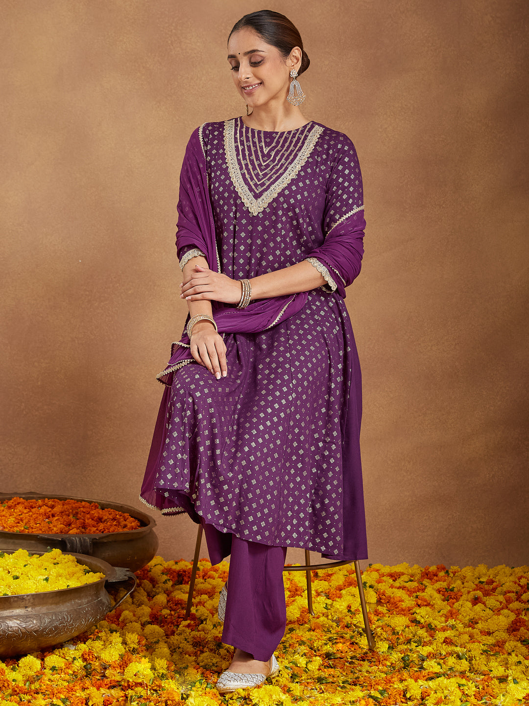 Women's Purple Rayon Embellished Gold Printed Anarkali Kurta Set