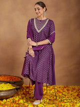 Women's Purple Rayon Embellished Gold Printed Anarkali Kurta Set