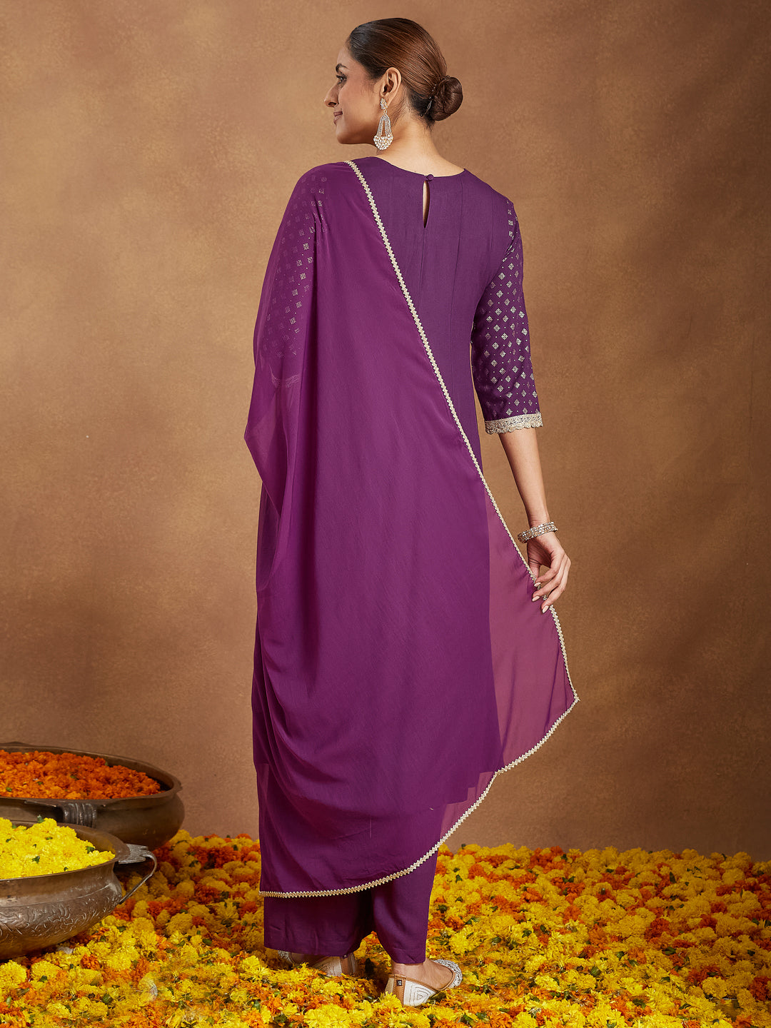 Women's Purple Rayon Embellished Gold Printed Anarkali Kurta Set