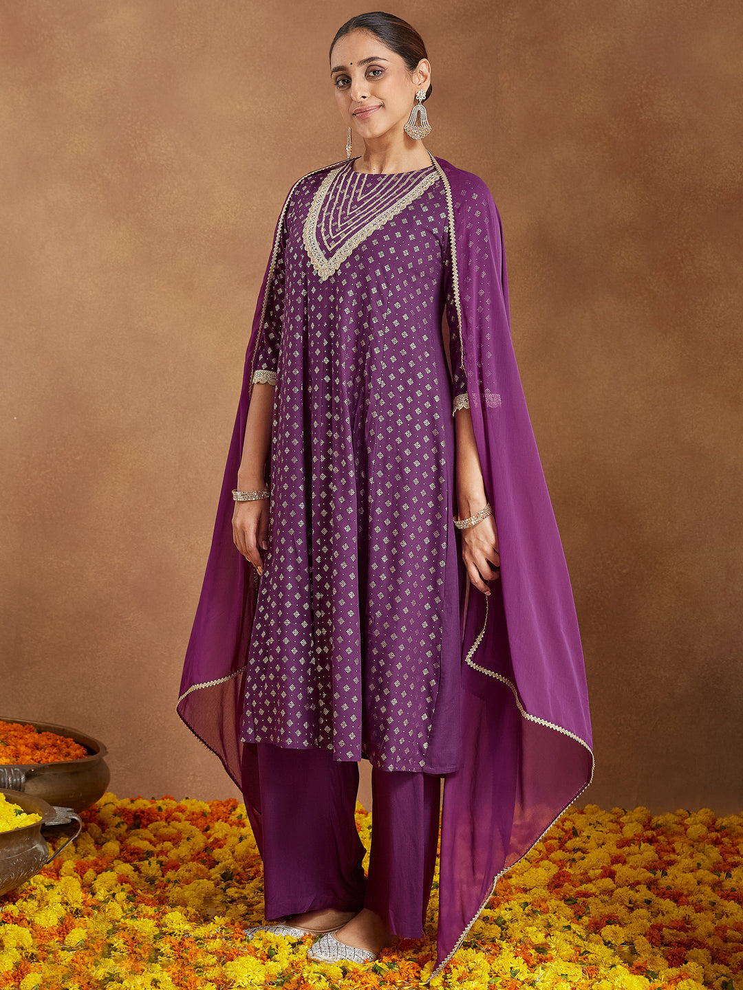 Women's Purple Rayon Embellished Gold Printed Anarkali Kurta Set