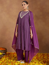 Women's Purple Rayon Embellished Gold Printed Anarkali Kurta Set