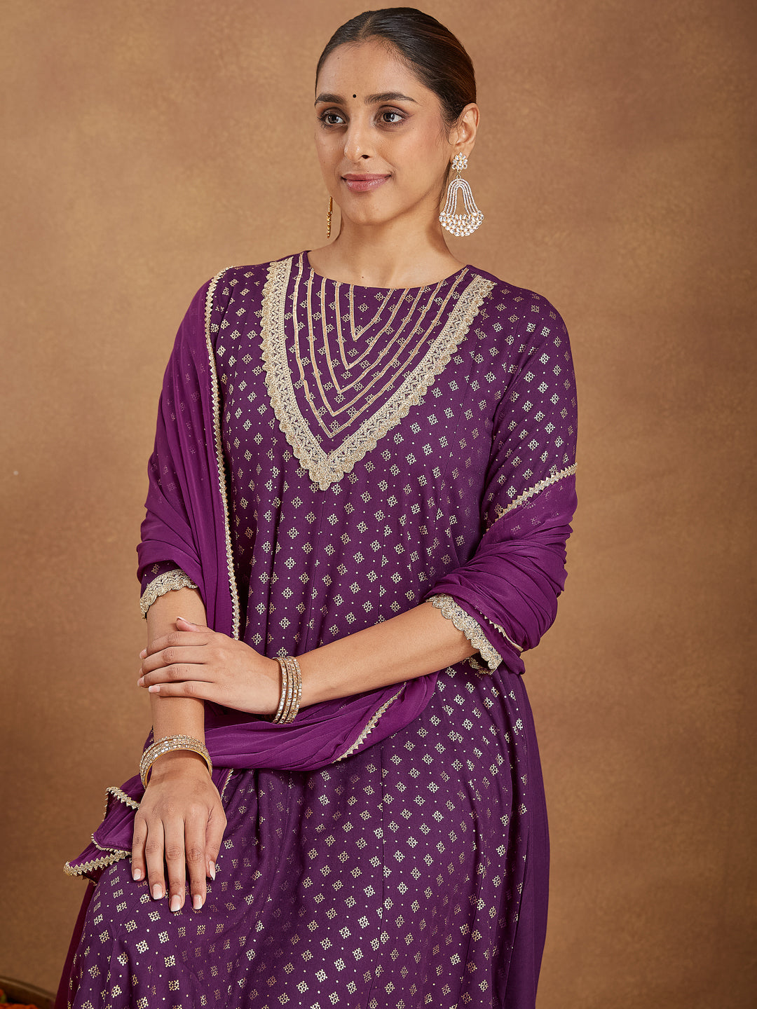 Women's Purple Rayon Embellished Gold Printed Anarkali Kurta Set