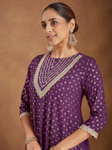 Women's Purple Rayon Embellished Gold Printed Anarkali Kurta Set