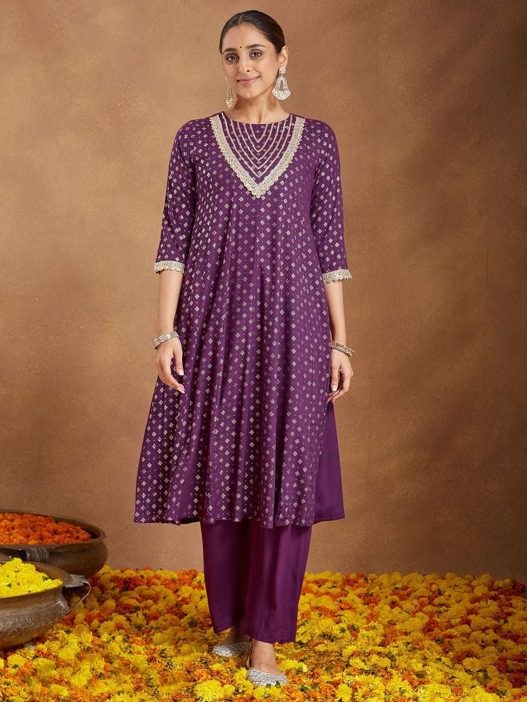 Women's Purple Rayon Embellished Gold Printed Anarkali Kurta Set